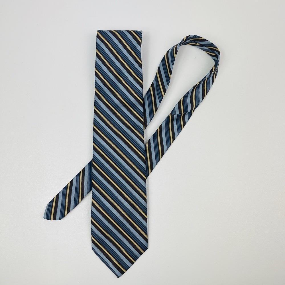 Vintage Sears Mens Store Polyester Neck Tie Blue Tan Brown Stripe 1970s